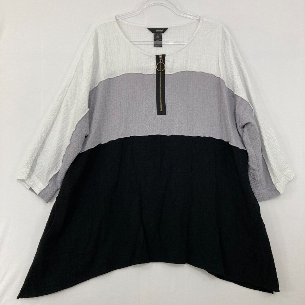 Ali Miles size XL Black Gray Color-Block Quarter Zip 3/4 Sleeve Tunic Top‎ Artsy